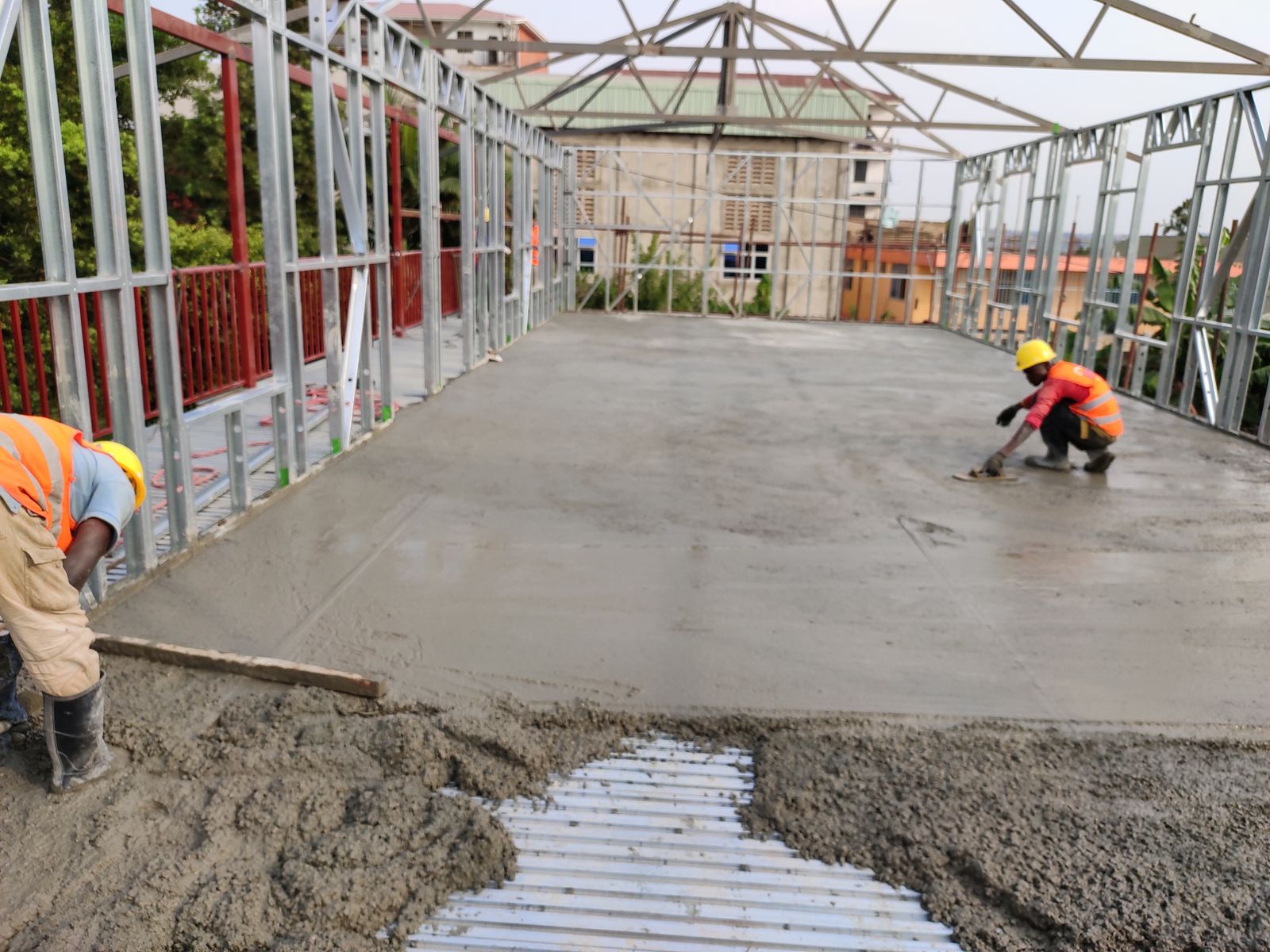 First-floor slab: concrete poured over steel decking